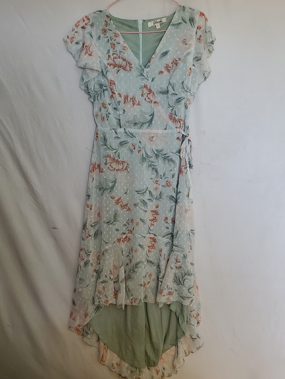 Hint Of Blush Mint Floral High-Low Dress with Ruffle Sleeves